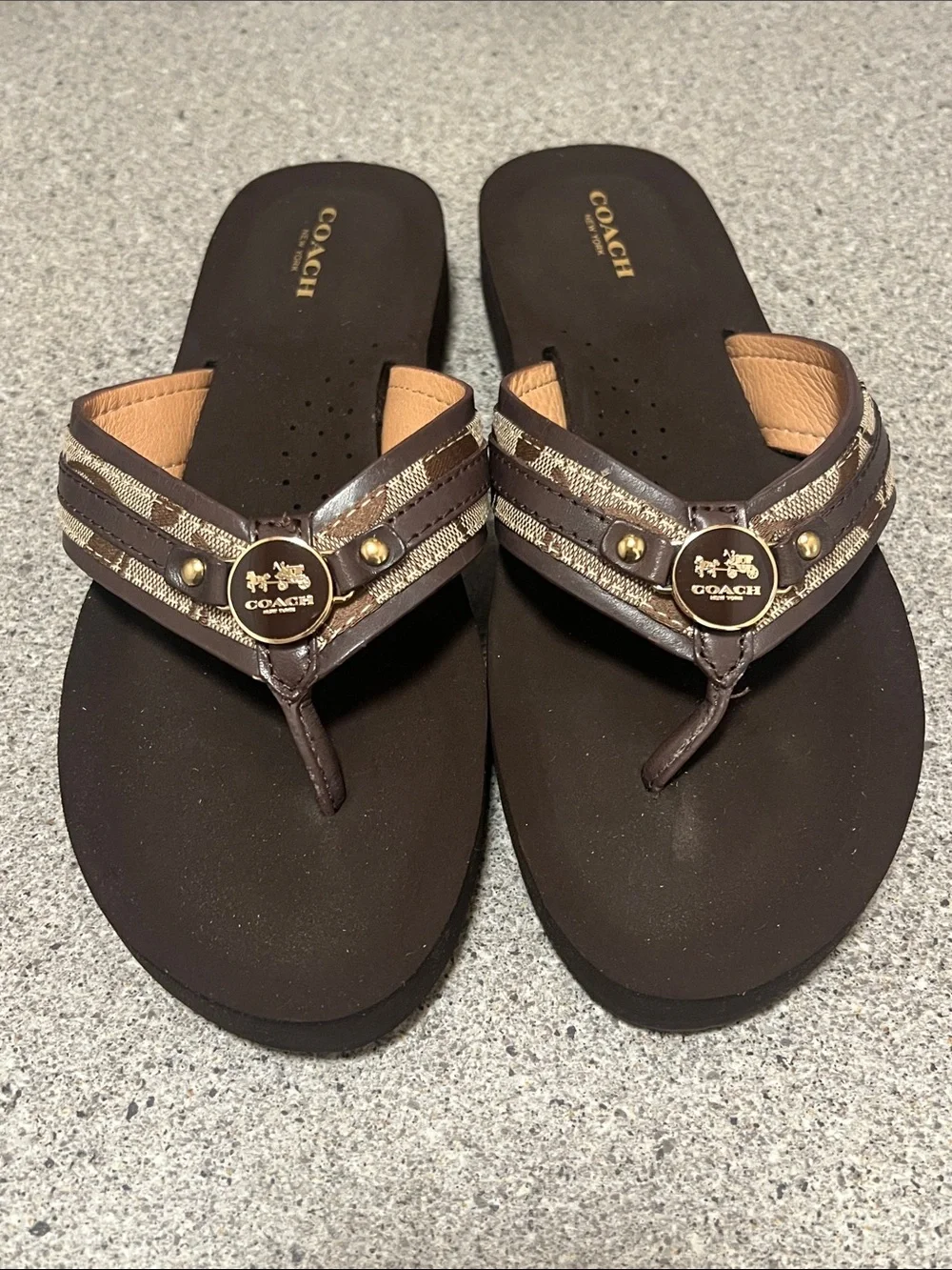 Authentic Coach Jasmine 12CM/Semi Mat CLF A5287 Women's Brown/Tan Thong Sandals - Picture 1 of 8